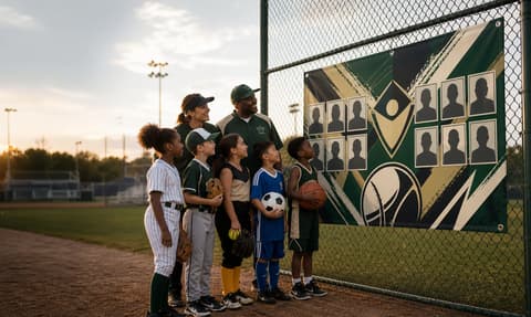 Youth sports teams admiring a custom 5 by 3 foot team banner