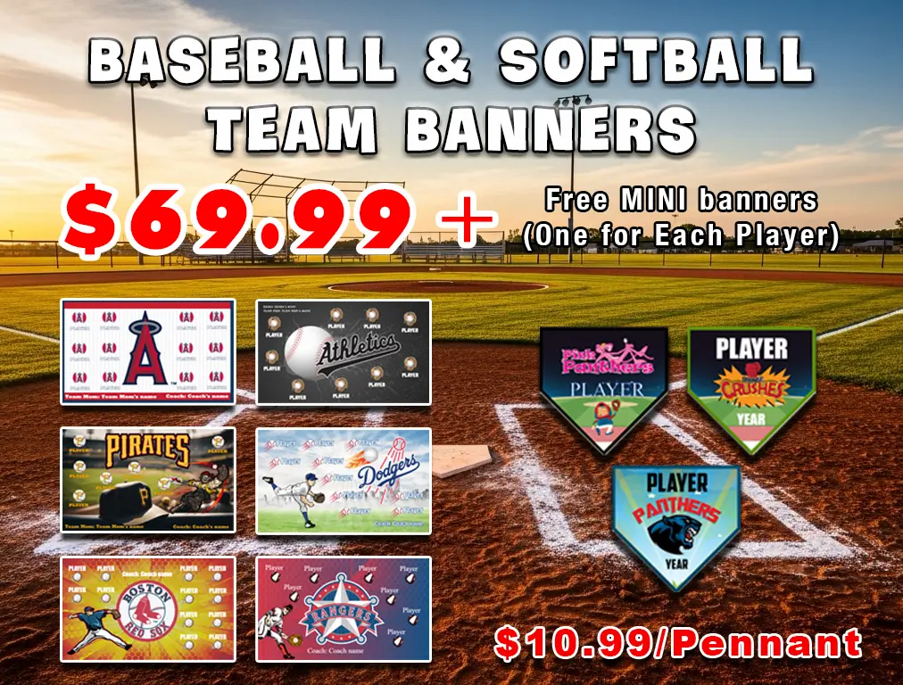 Custom Baseball and Softball Team Banners starting at $69.99 with free mini banners for every player