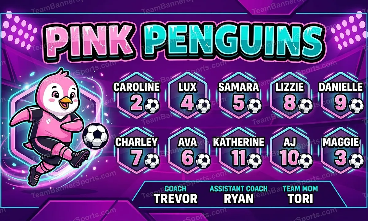 Pink Penguins soccer team banner created with AI
