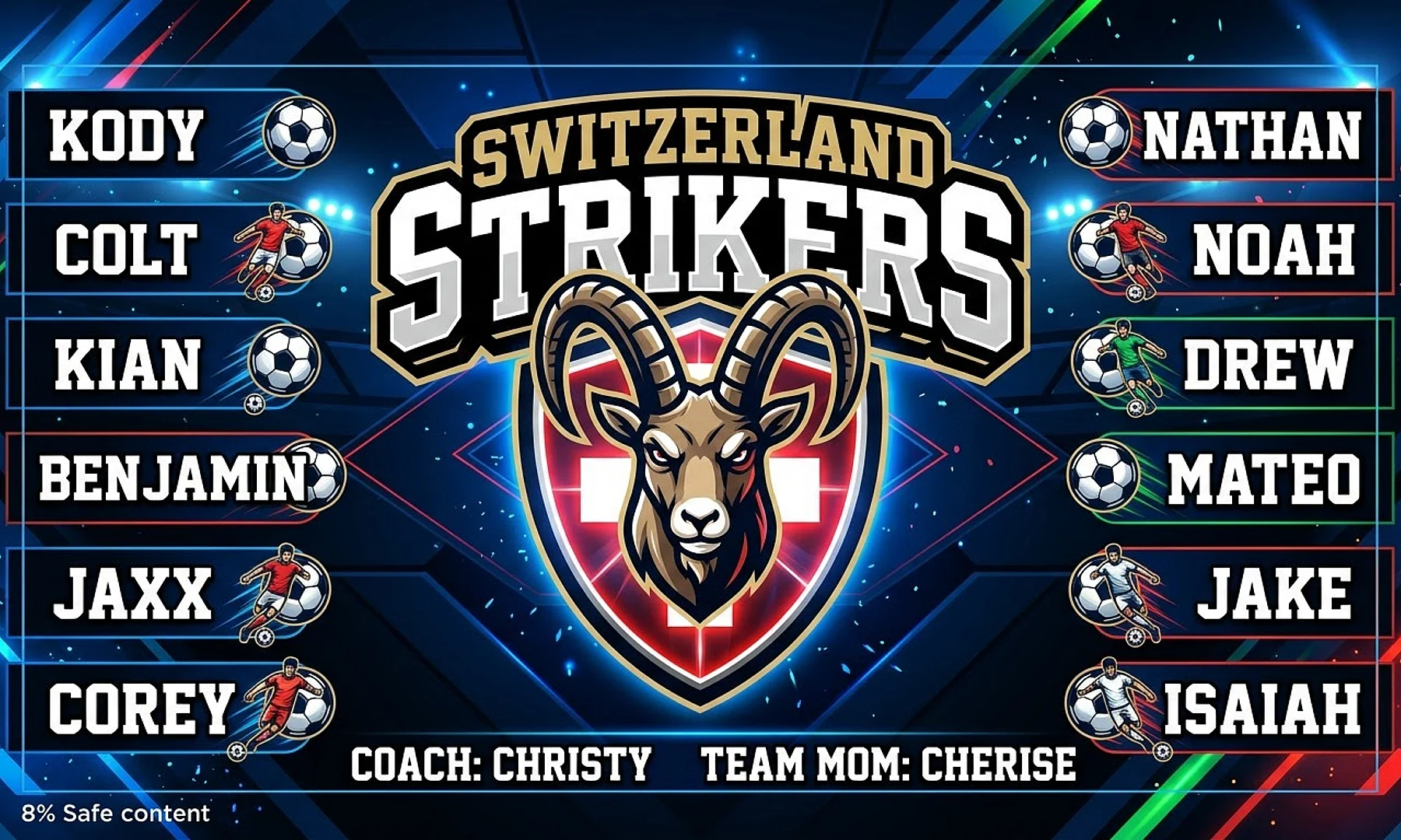 Switzerland Strikers soccer team banner created with AI