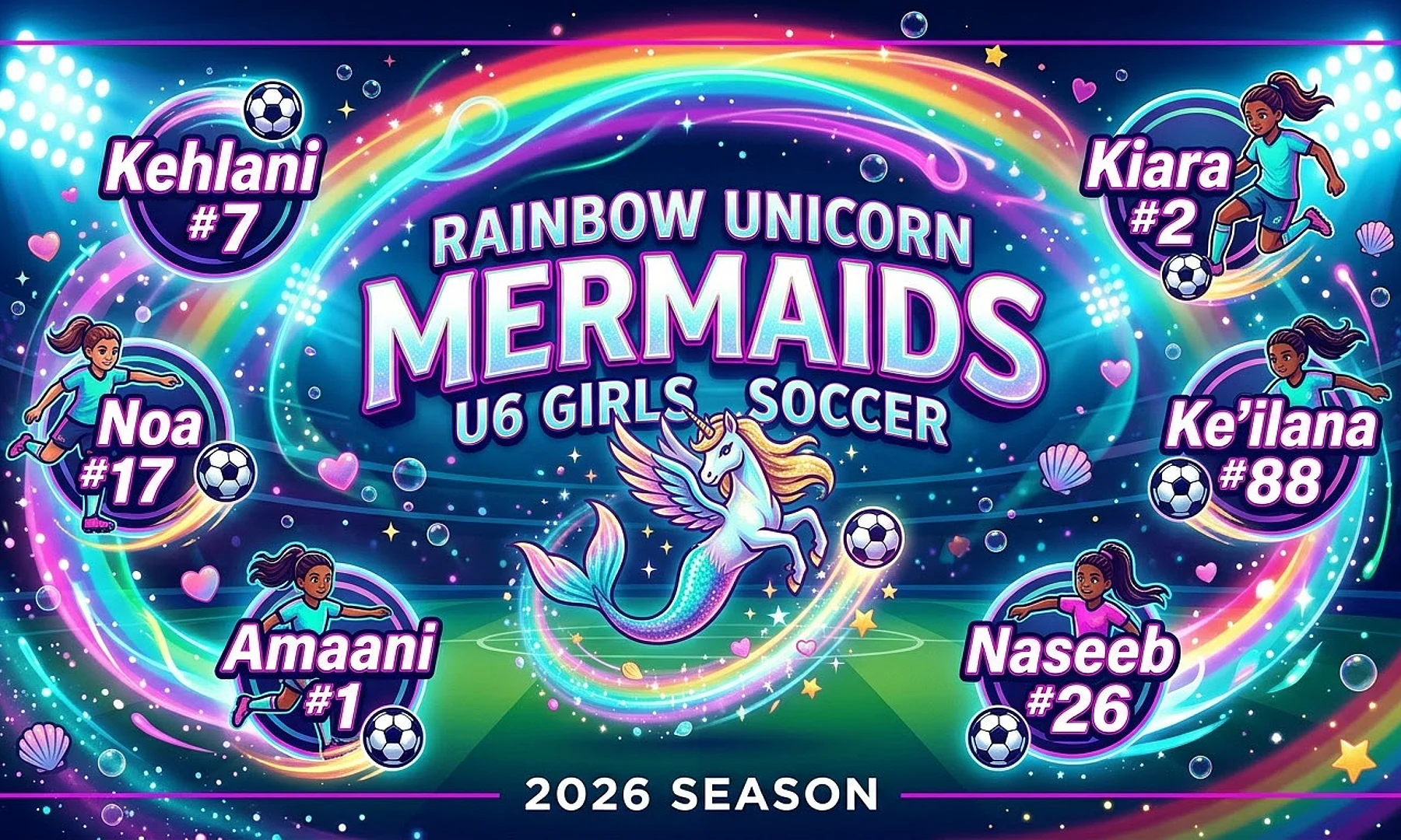 Rainbow Unicorn Mermaids soccer team banner created with AI