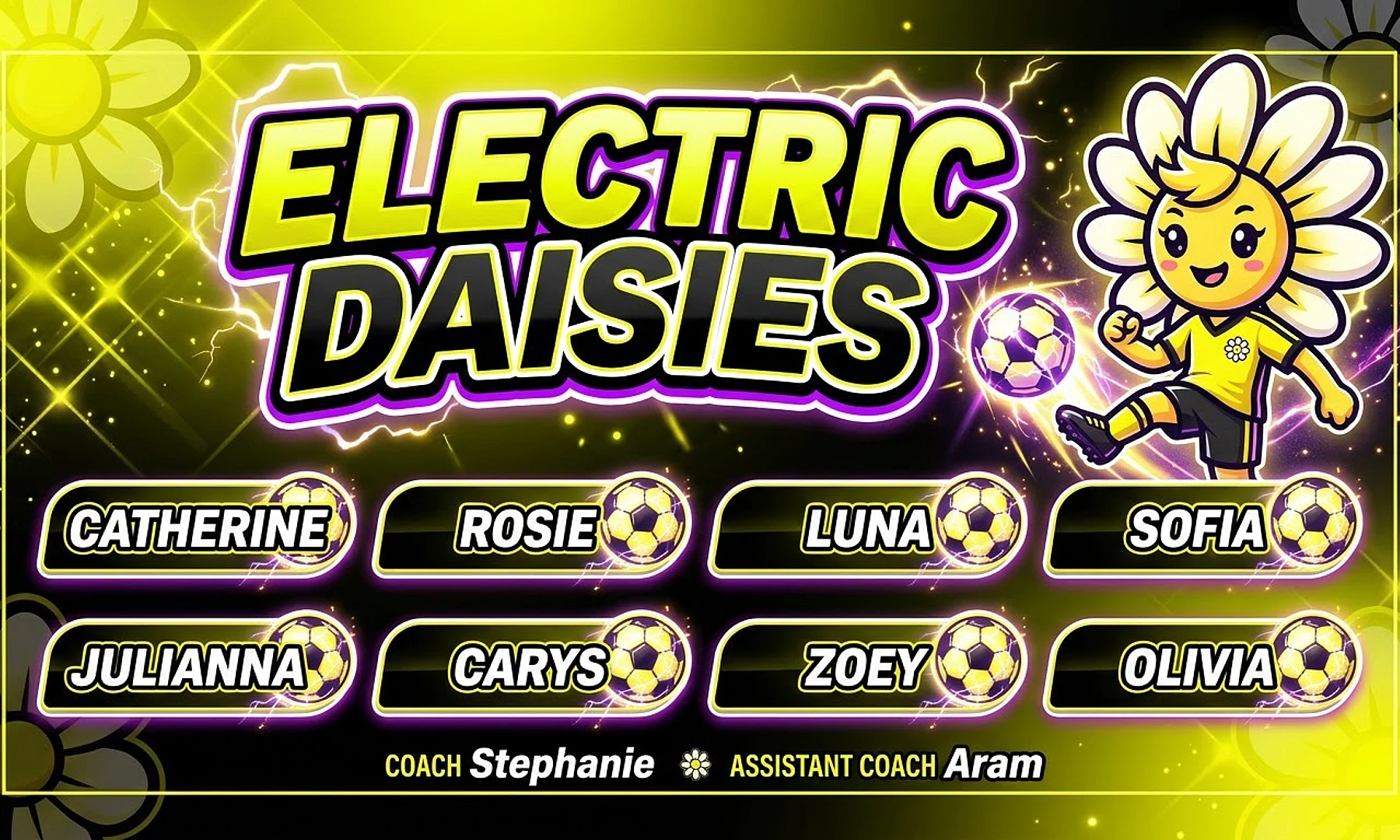 electric Daisies soccer team banner created with AI