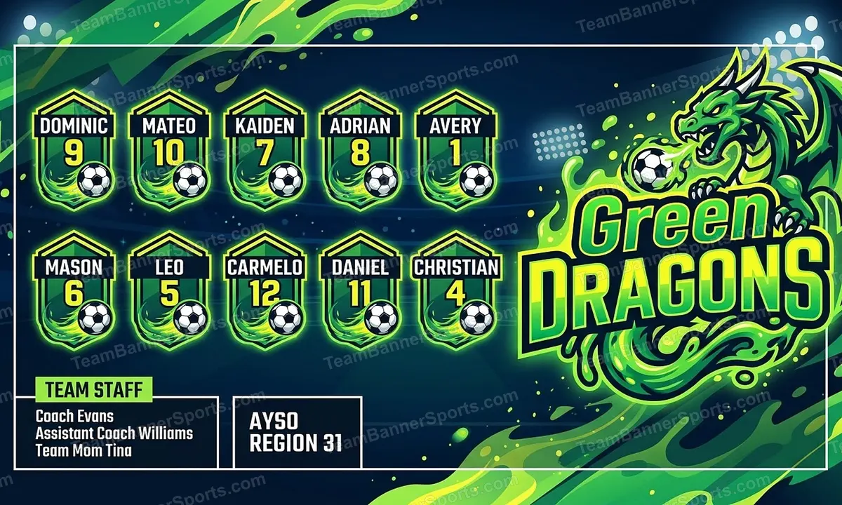 Green DRAGONS soccer team banner created with AI