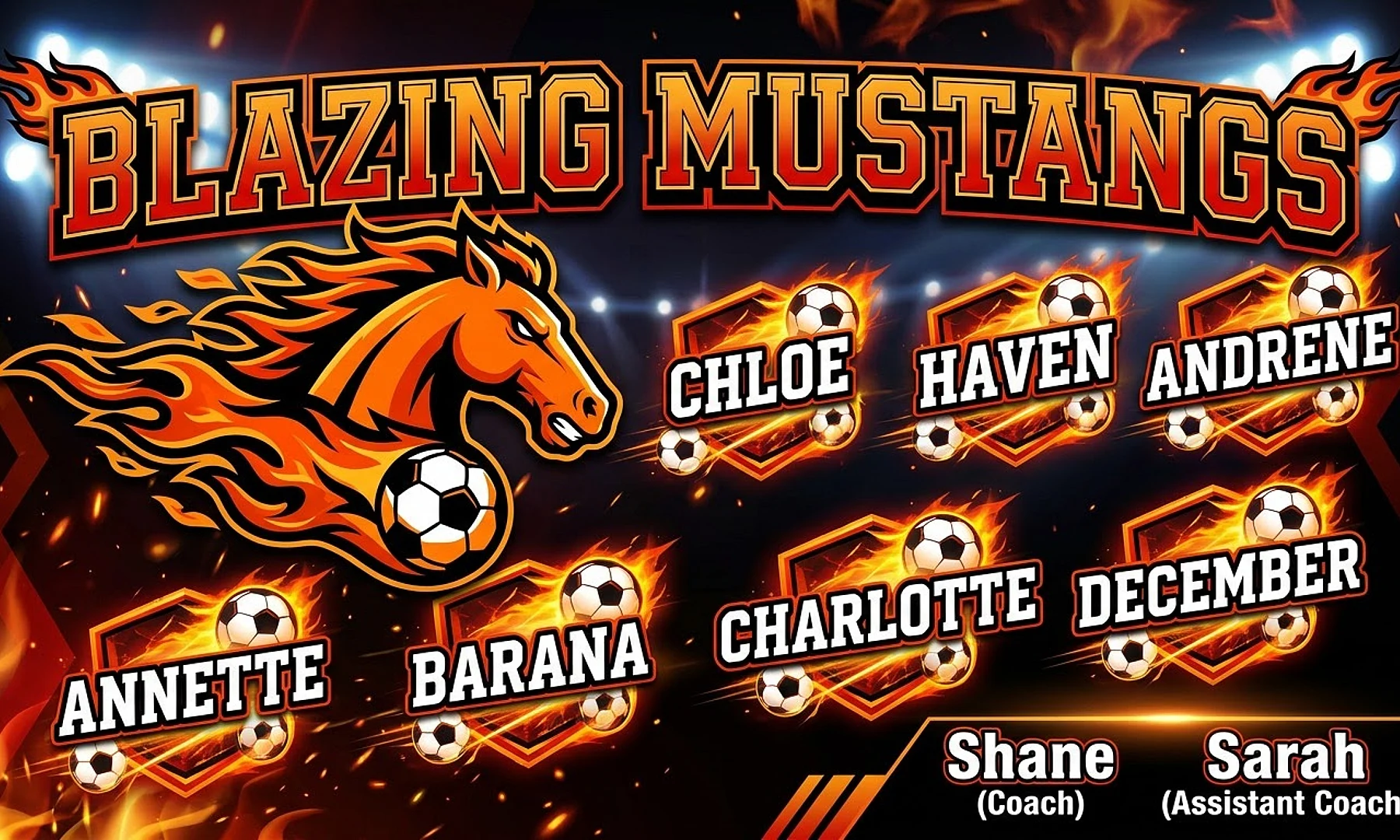 Blazing Mustangs soccer team banner created with AI