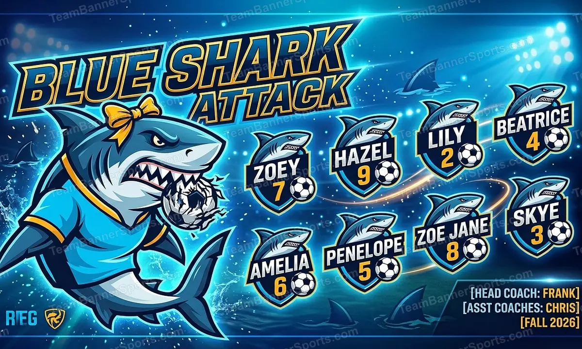 Blue Shark Attack soccer team banner created with AI