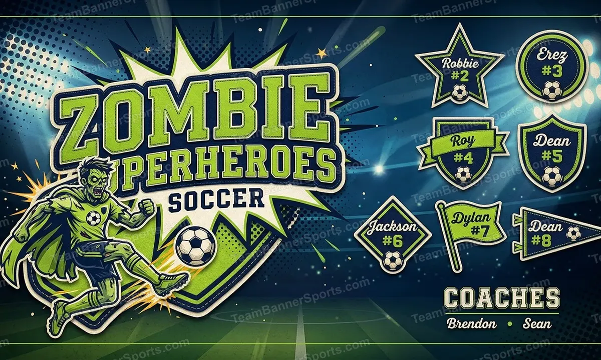 Zombie Superheroes soccer team banner created with AI