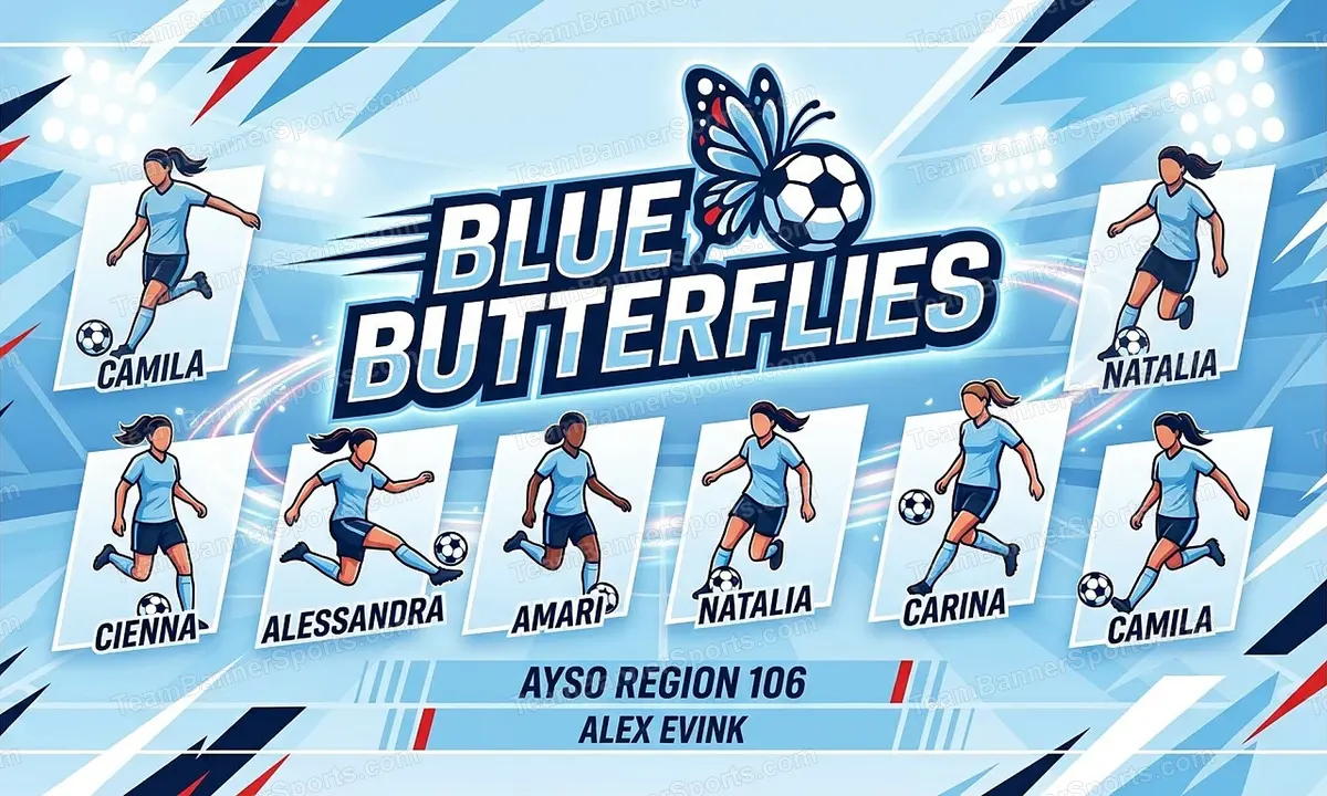 Blue Butterflies soccer team banner created with AI