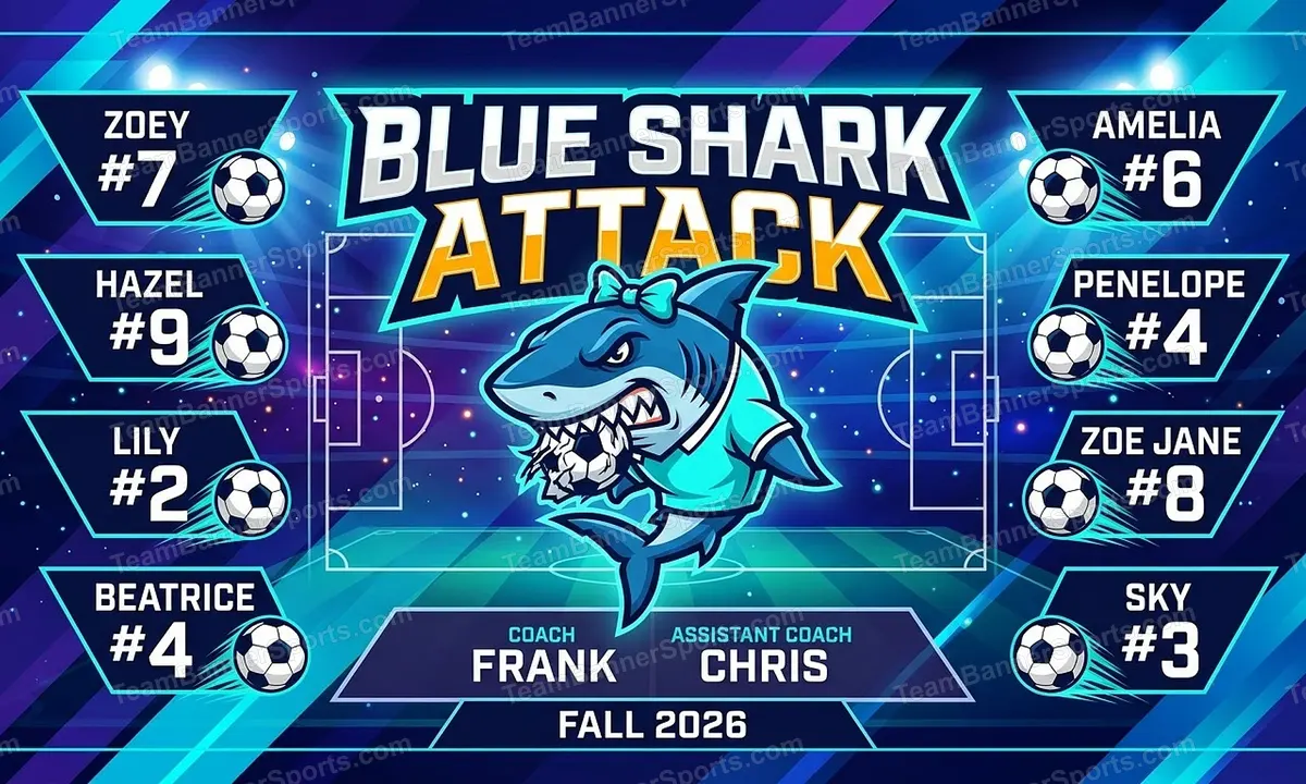 Blue Shark Attack soccer team banner created with AI