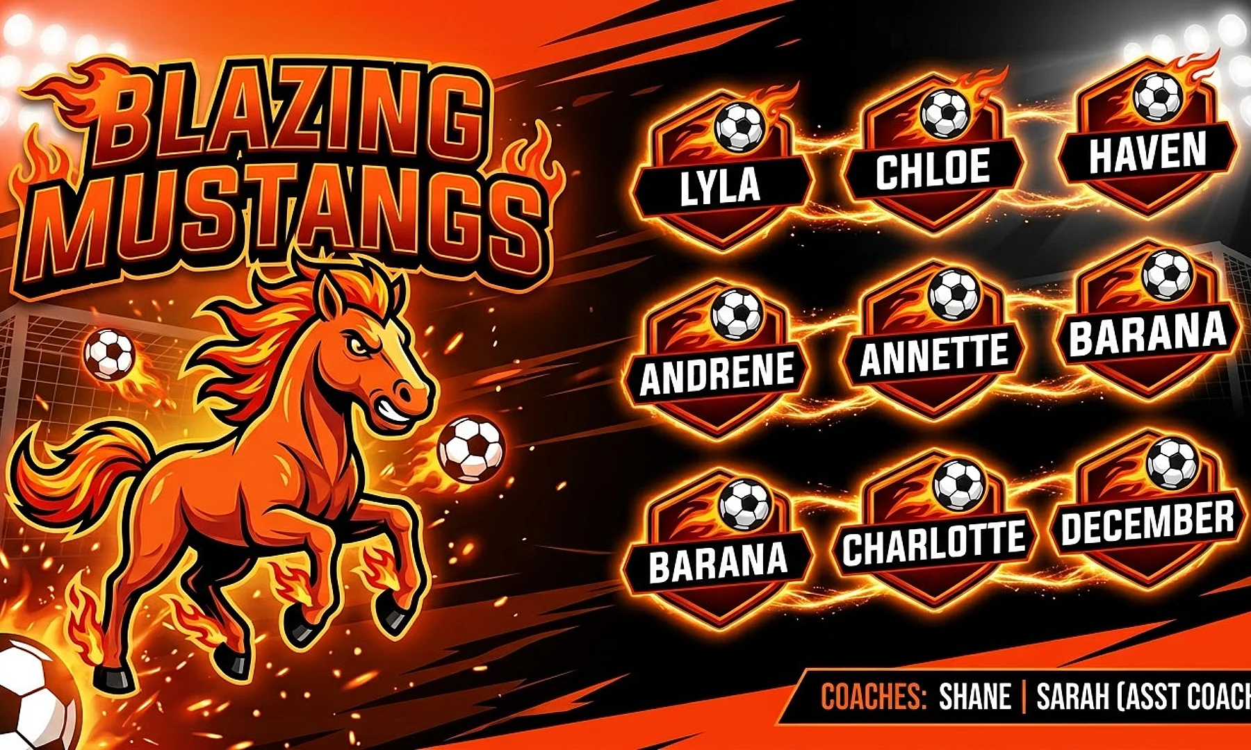 Blazing Mustangs soccer team banner created with AI