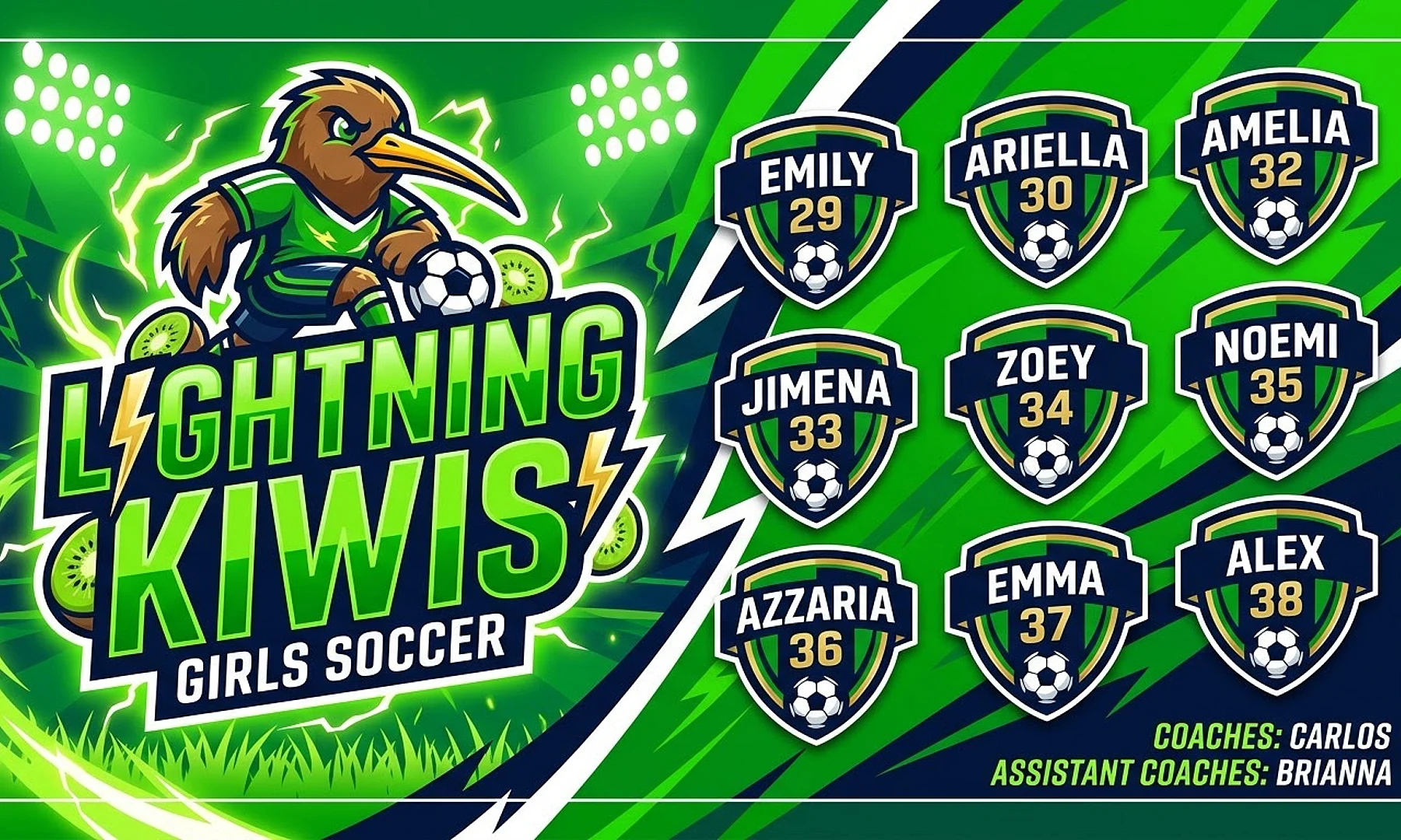 Lightning Kiwis soccer team banner created with AI