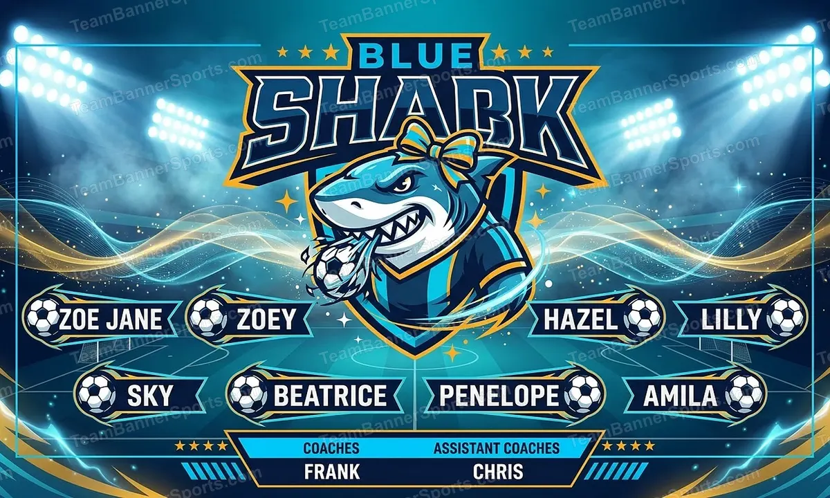 Blue Shark Attack soccer team banner created with AI