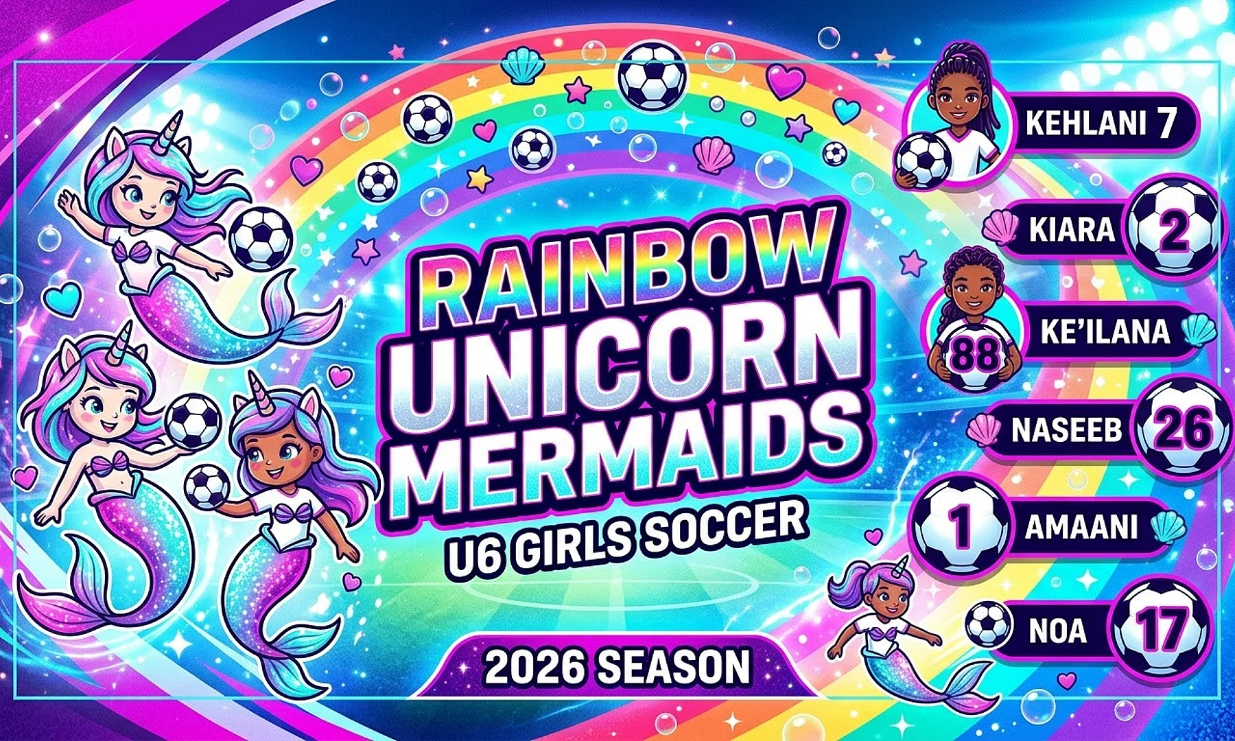 Rainbow Unicorn Mermaids soccer team banner created with AI