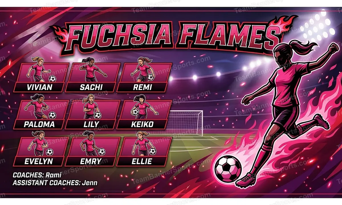 Fuchsia Flames soccer team banner created with AI