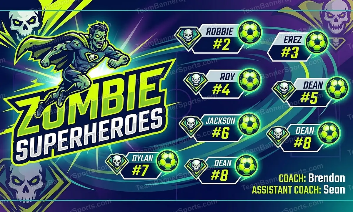 Zombie Superheroes soccer team banner created with AI