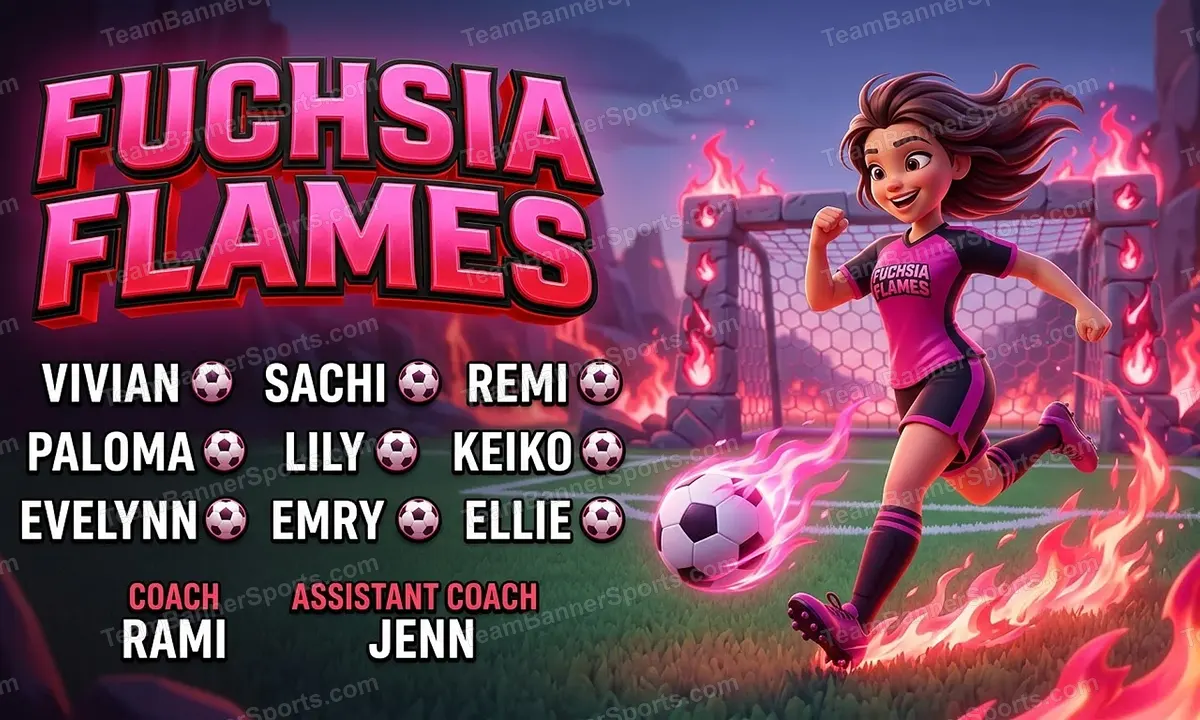 Fuchsia Flames soccer team banner created with AI