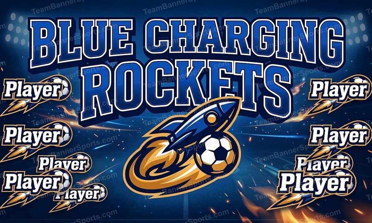 Blue Charging Rockets soccer team banner created with AI