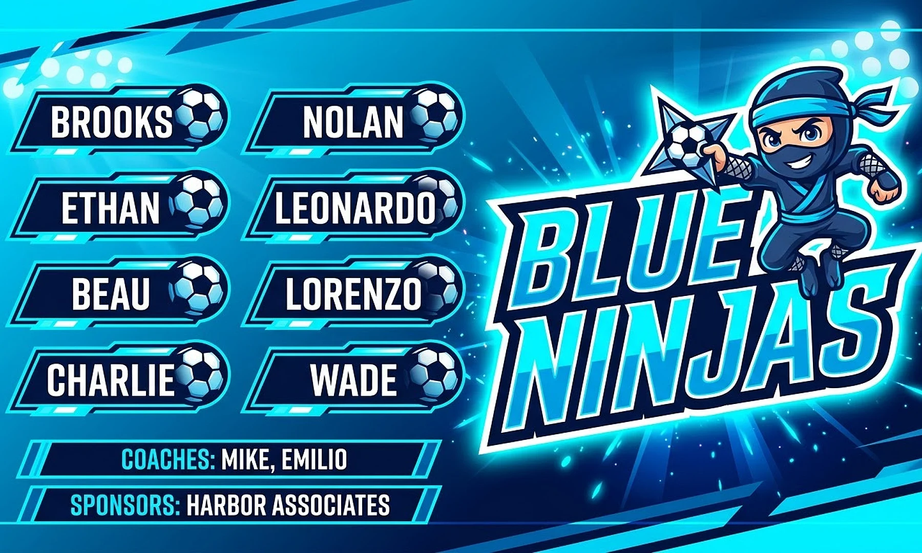 Blue Ninjas soccer team banner created with AI
