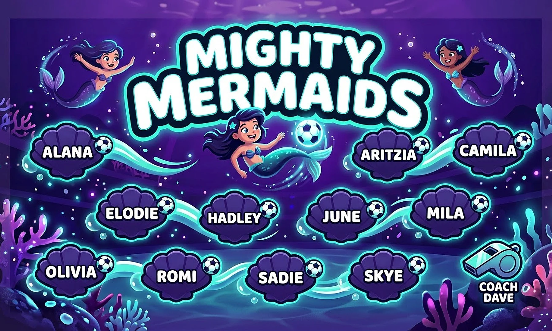 Mighty Mermaids soccer team banner created with AI