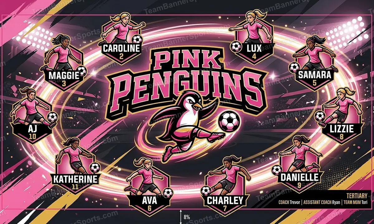 Pink Penguins soccer team banner created with AI