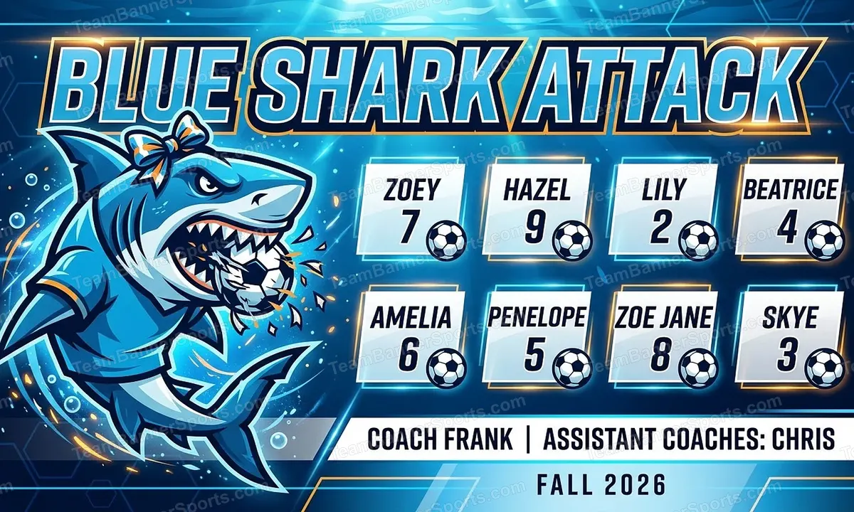 Blue Shark Attack soccer team banner created with AI