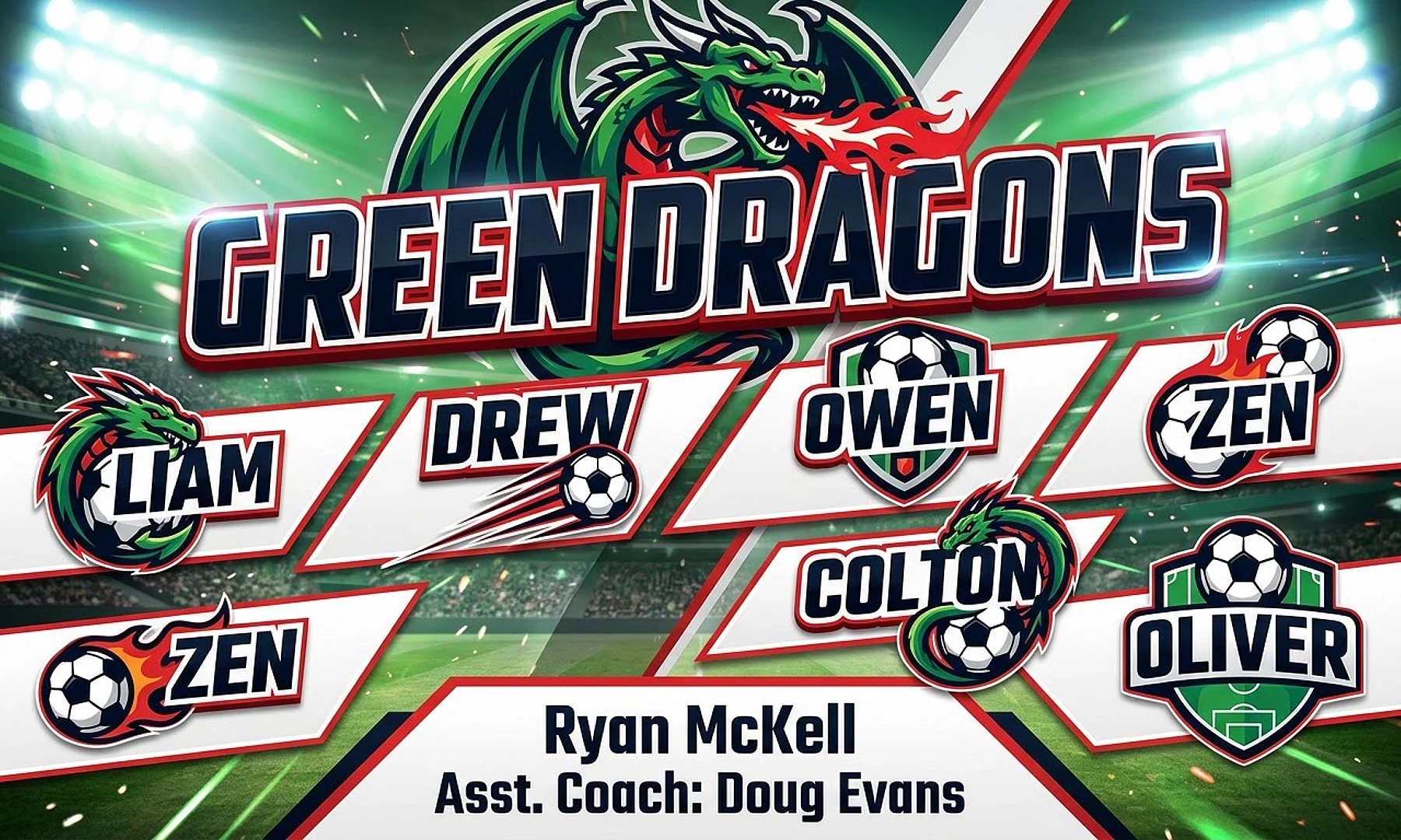 GREEN DRAGONS soccer team banner created with AI