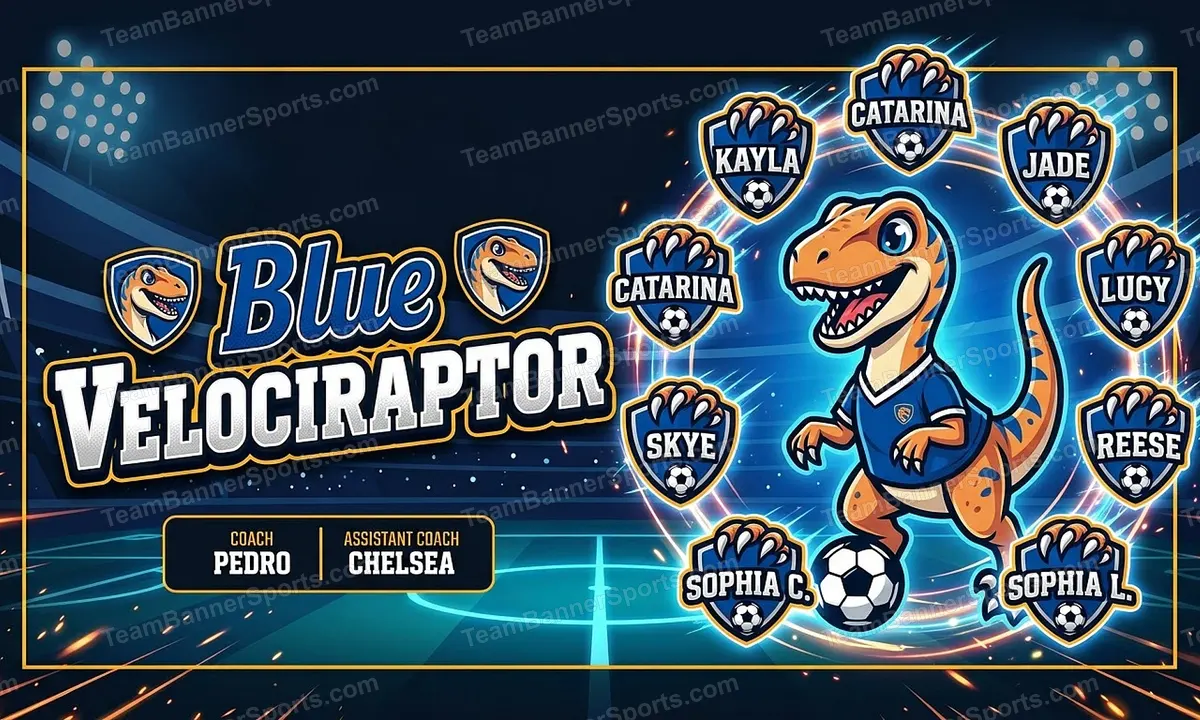 Blue Velociraptor soccer team banner created with AI