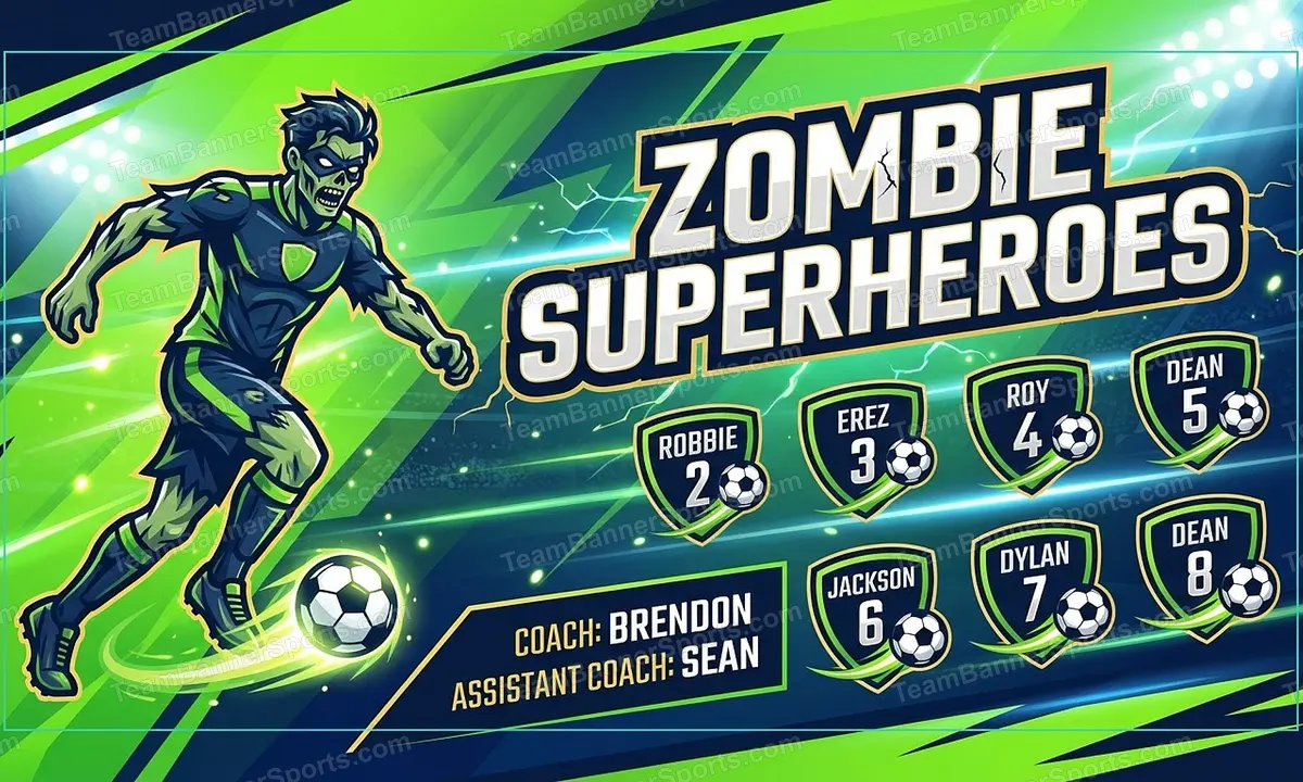Zombie Superheroes soccer team banner created with AI
