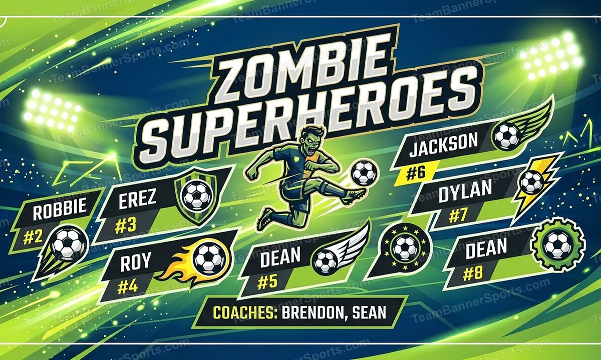 Zombie Superheroes soccer team banner created with AI