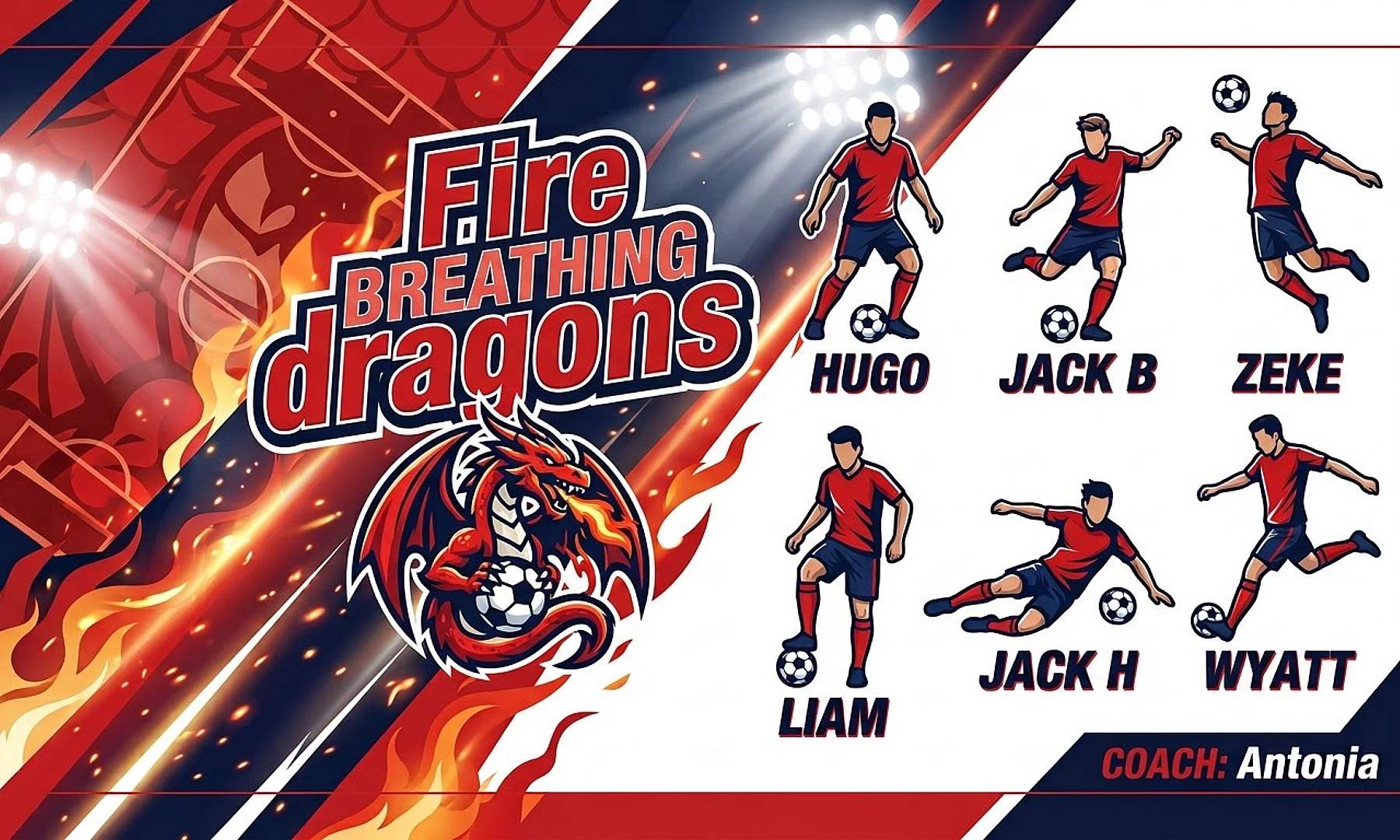 Fire breathing dragons soccer team banner created with AI