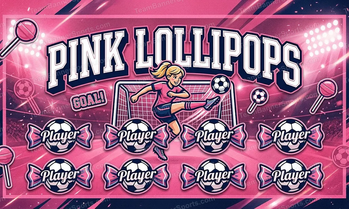 Pink lollipops soccer team banner created with AI
