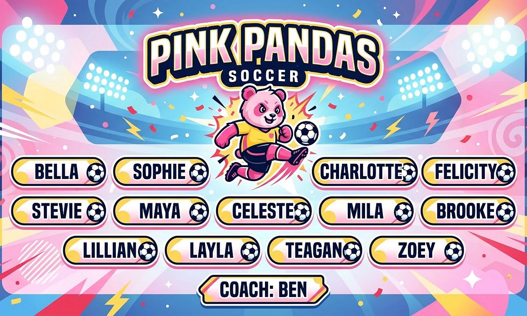 Pink Pandas soccer team banner created with AI