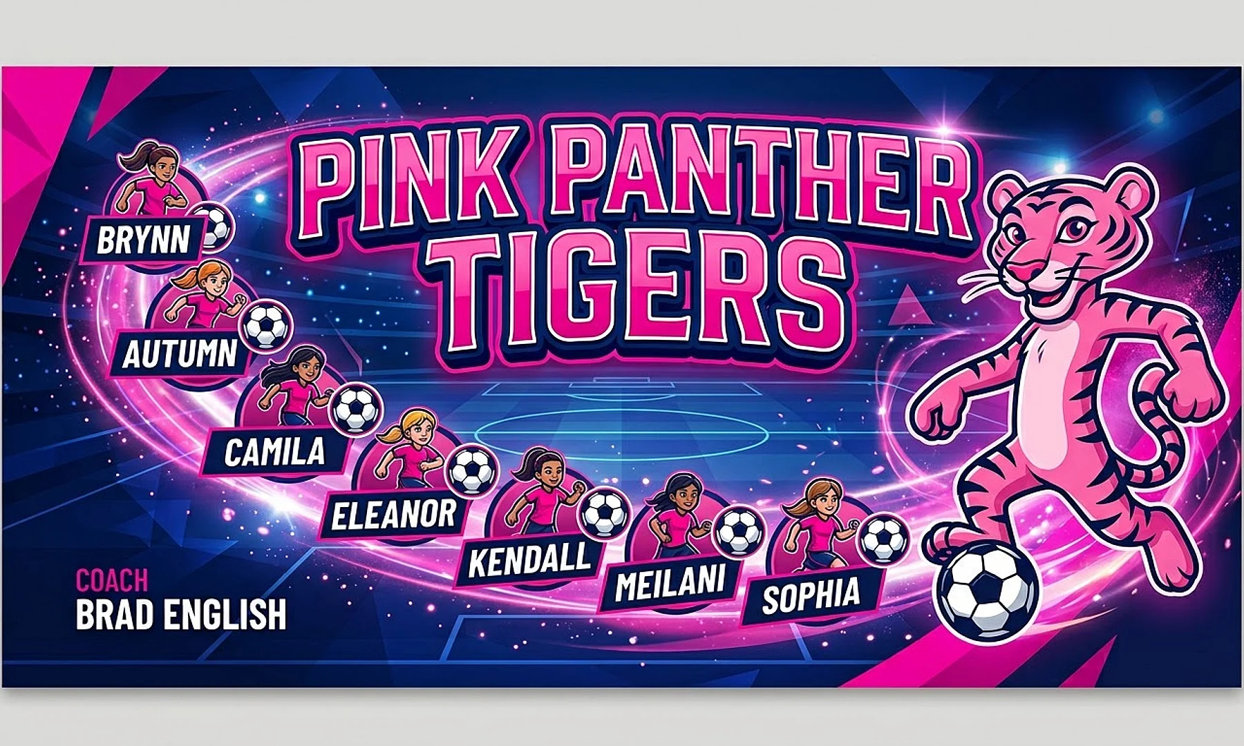 Pink Panther Tigers soccer team banner created with AI