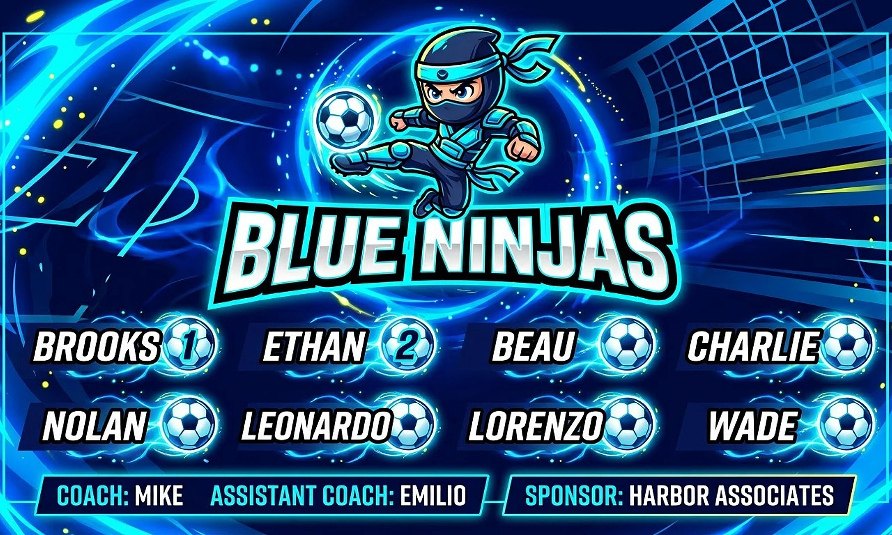 Blue Ninjas soccer team banner created with AI