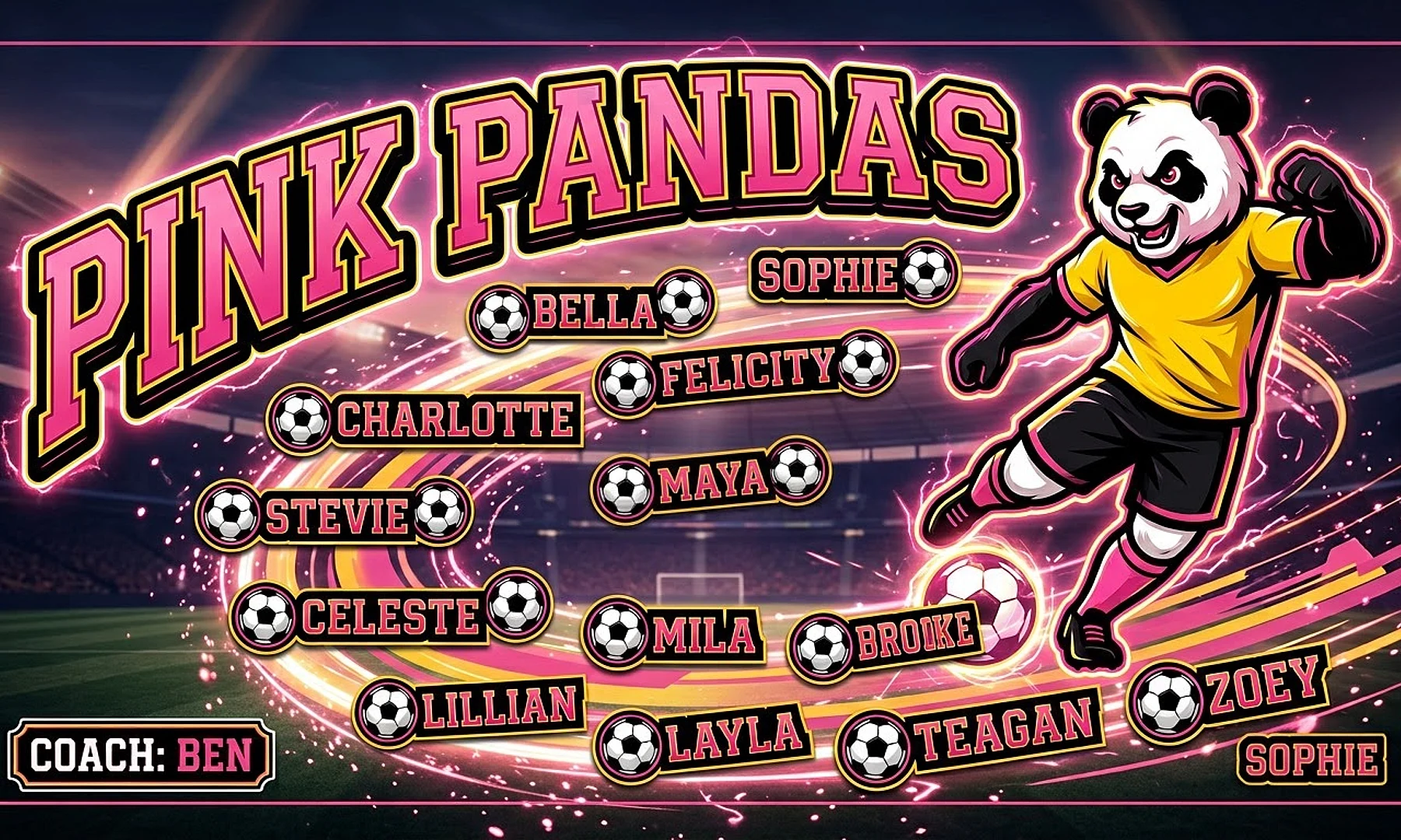 Pink Pandas soccer team banner created with AI