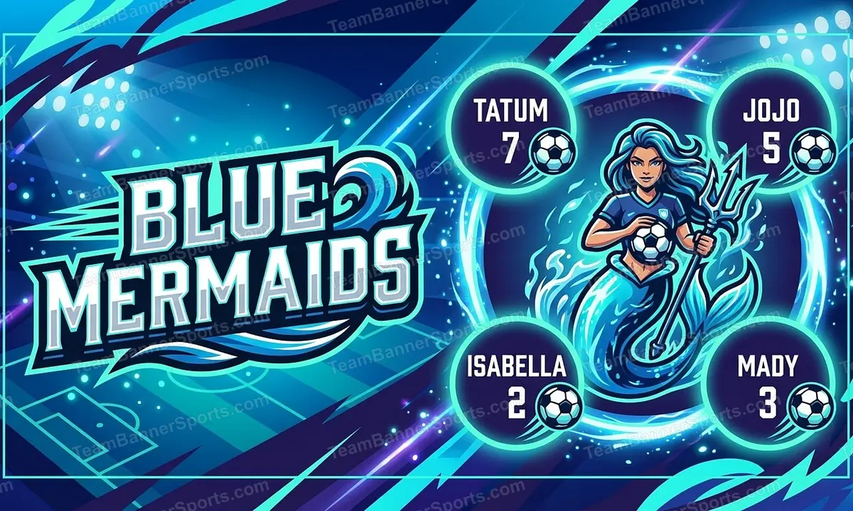 Blue mermaids soccer team banner created with AI