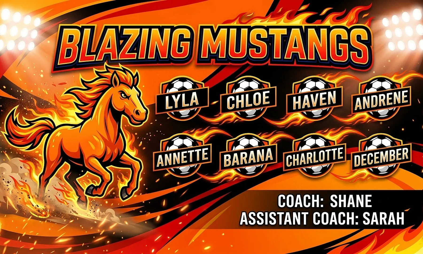 Blazing Mustangs soccer team banner created with AI