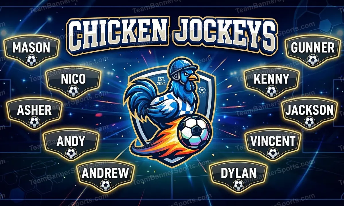 Chicken Jockeys soccer team banner created with AI
