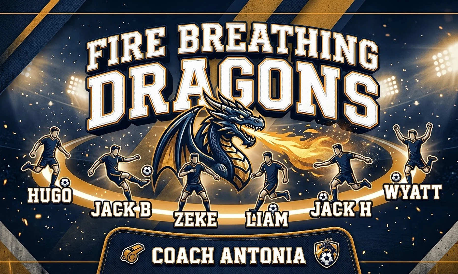 Fire breathing dragons soccer team banner created with AI