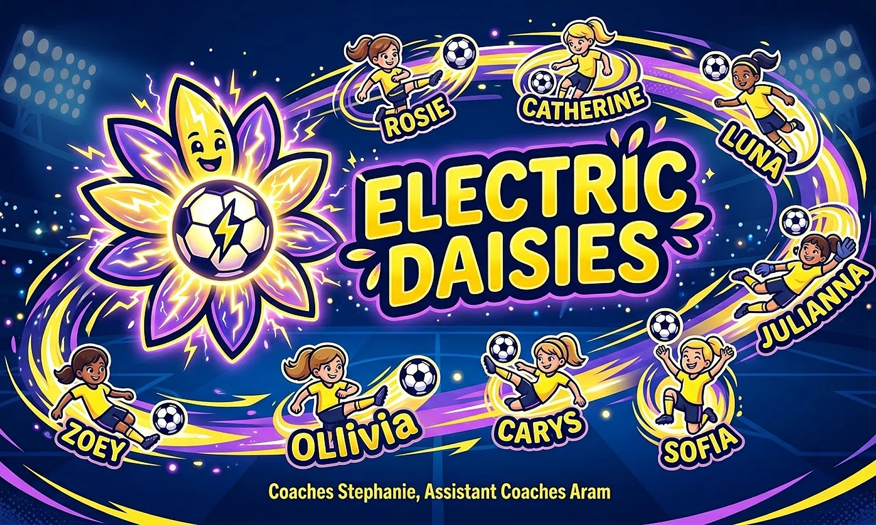 Electric Daisies soccer team banner created with AI