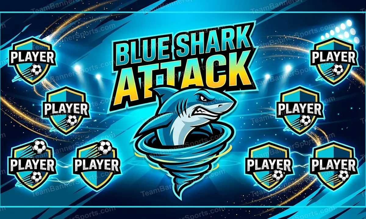 Blue Shark Attack soccer team banner created with AI
