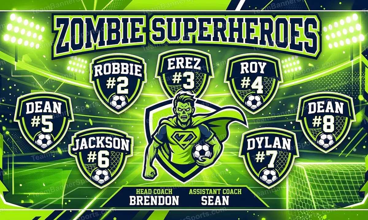 Zombie Superheroes soccer team banner created with AI