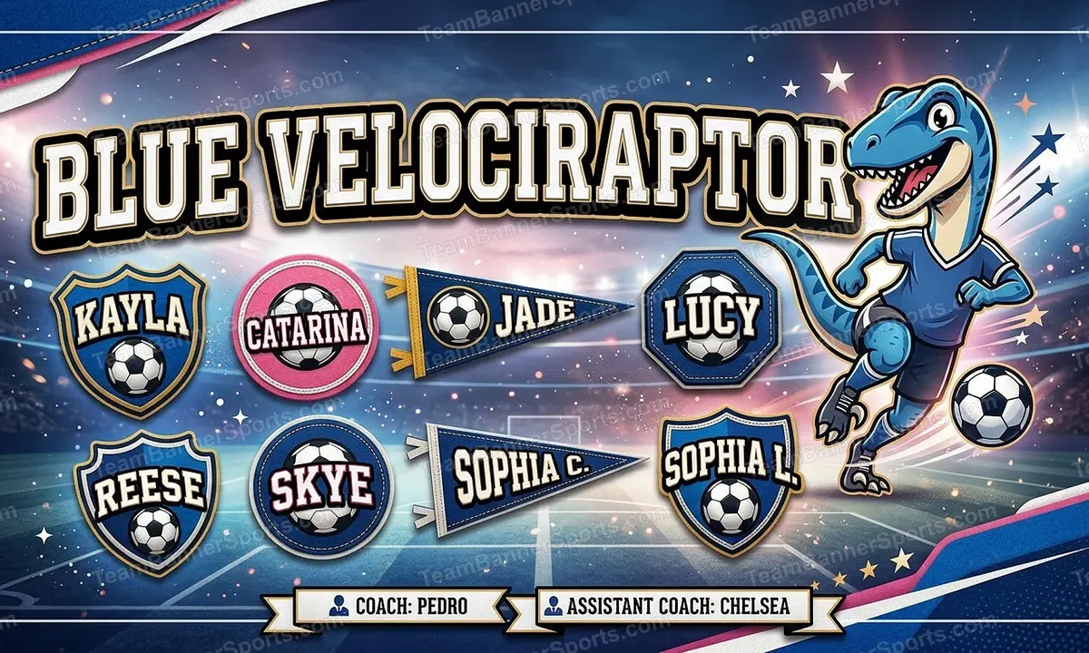 Blue Velociraptor soccer team banner created with AI