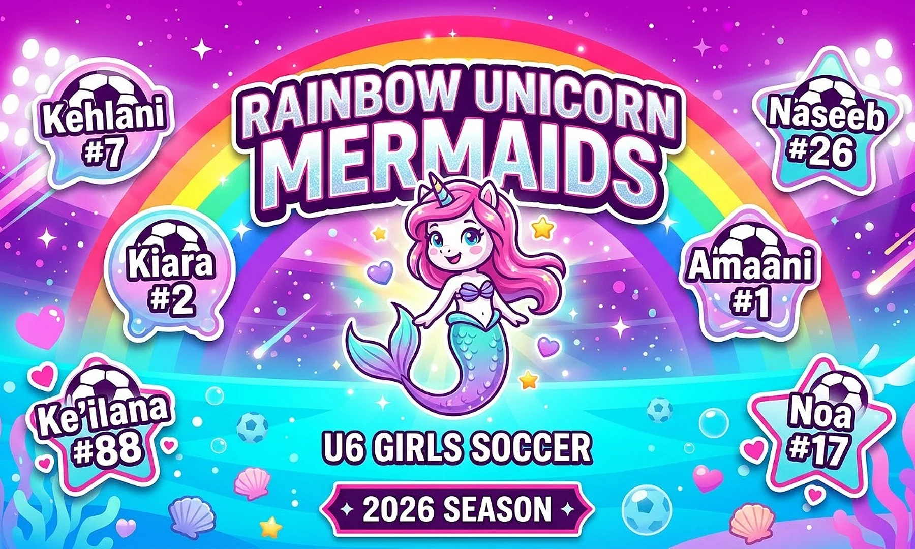 Rainbow Unicorn Mermaids soccer team banner created with AI