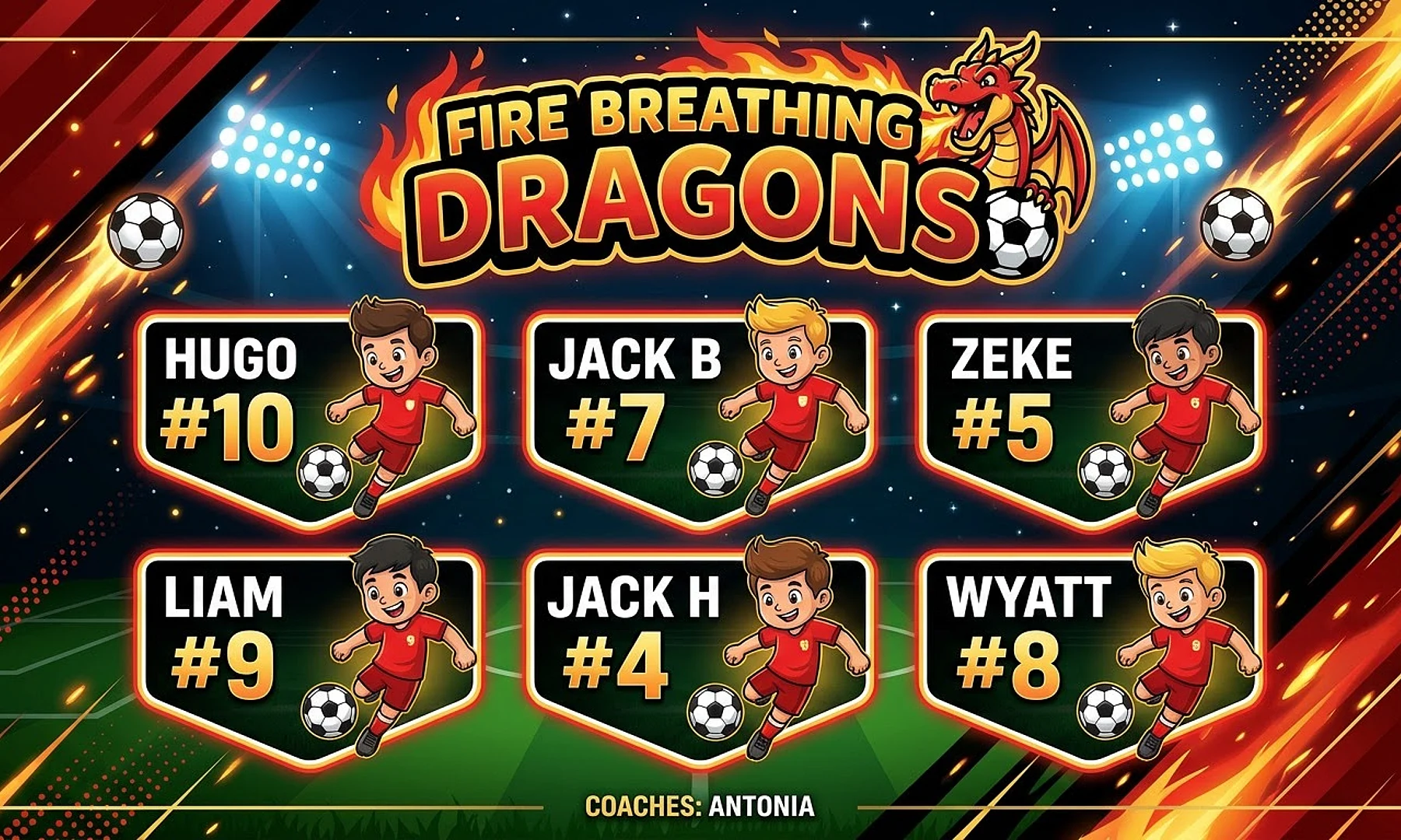 Fire breathing dragons soccer team banner created with AI