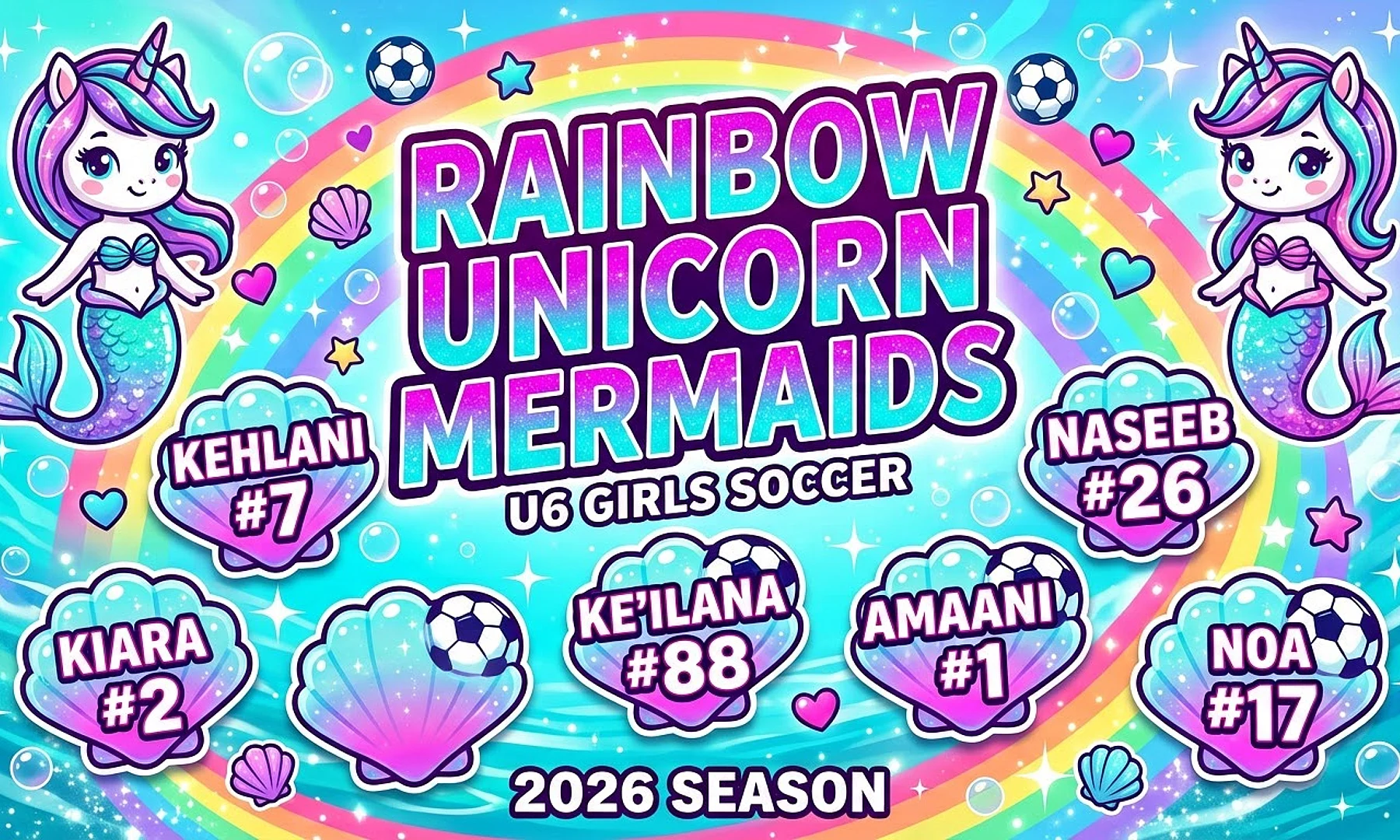 Rainbow Unicorn Mermaids soccer team banner created with AI