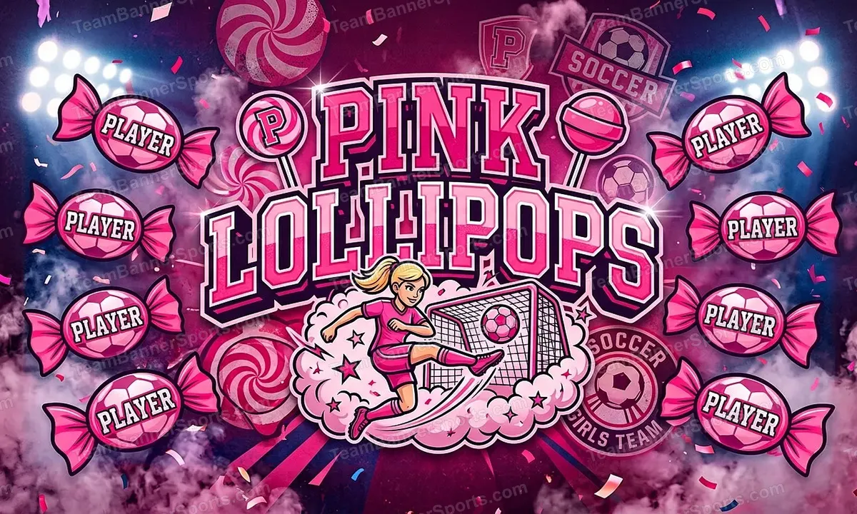 Pink lollipops soccer team banner created with AI
