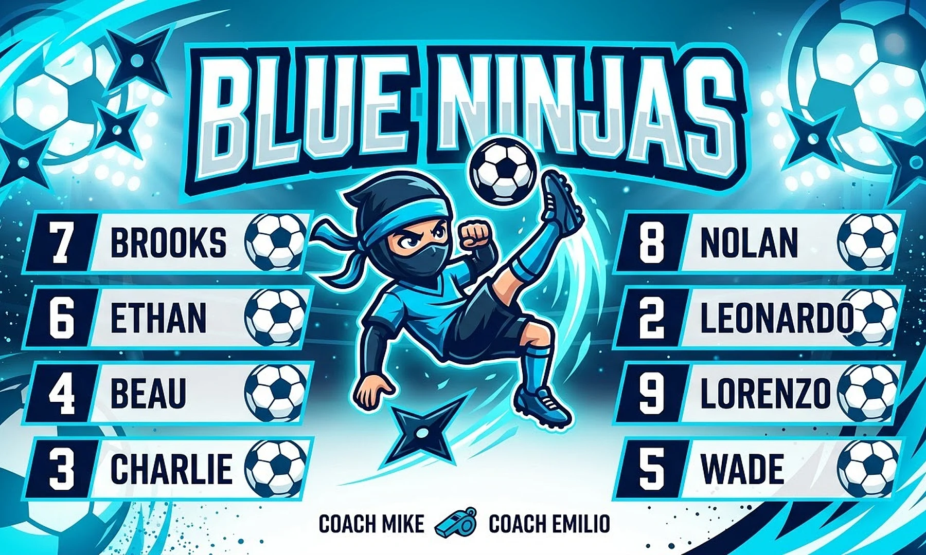 Blue Ninjas soccer team banner created with AI