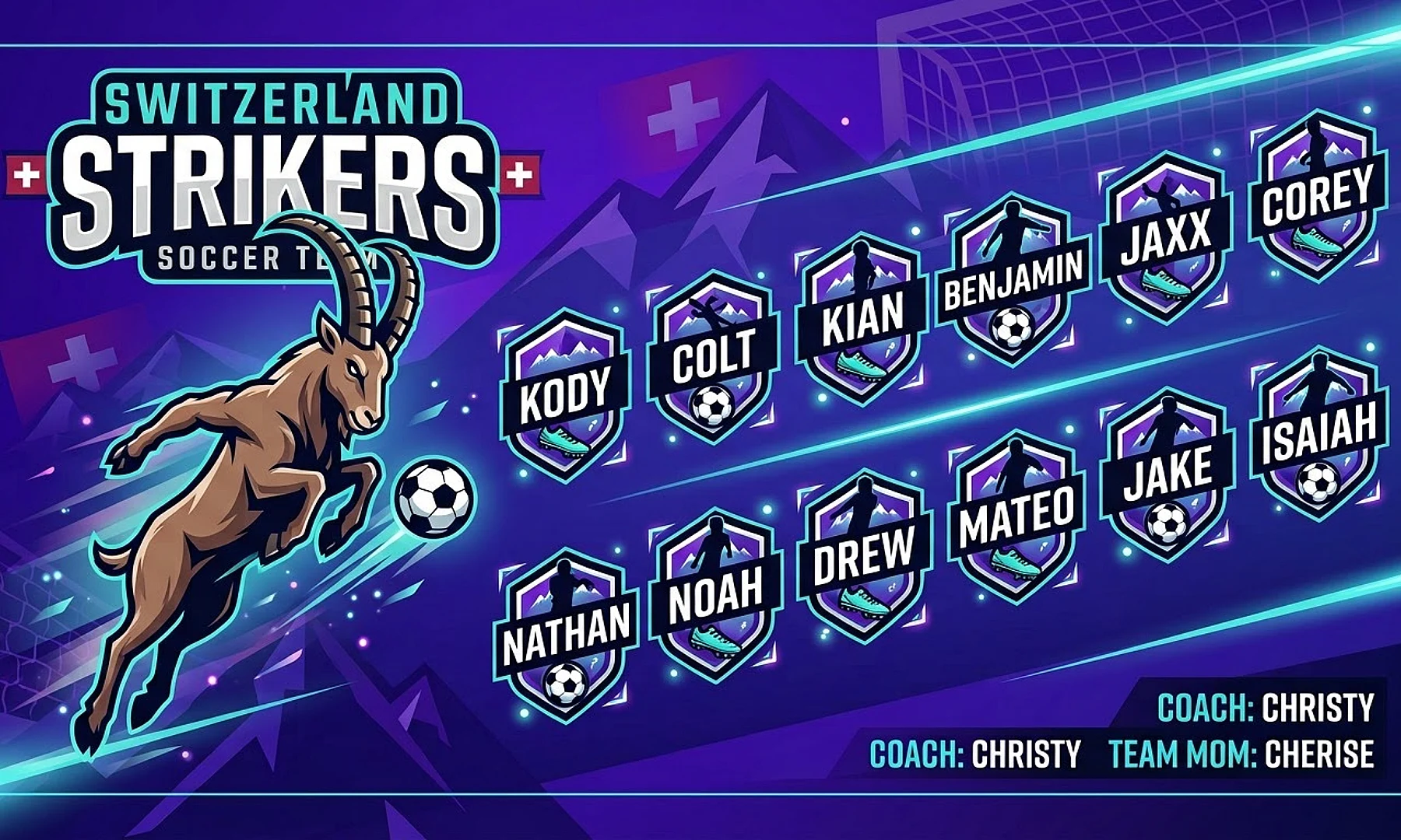 Switzerland Strikers soccer team banner created with AI