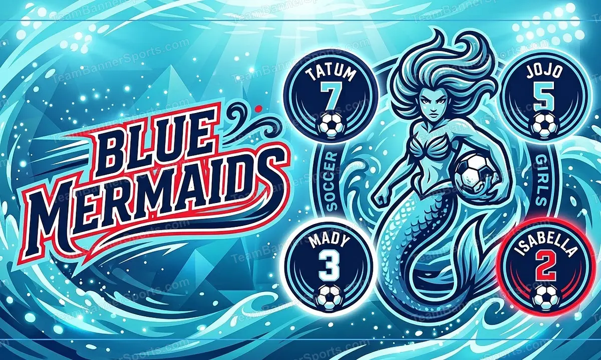 Blue mermaids soccer team banner created with AI
