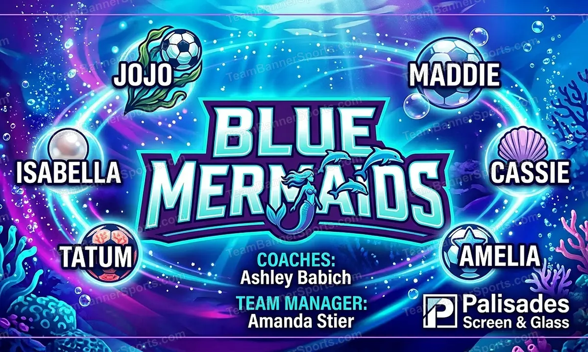 Blue Mermaids soccer team banner created with AI